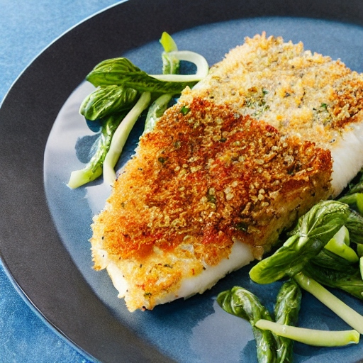 Parmesan crusted Halibut on a plate with herbs