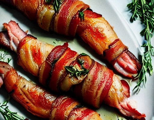 bacon wrapped trout with herbs on plate