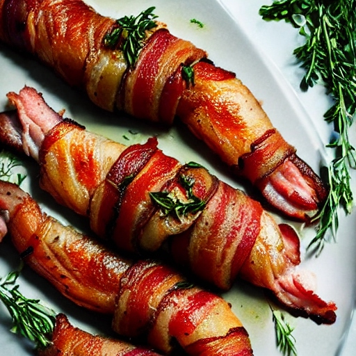 bacon wrapped trout with herbs on plate