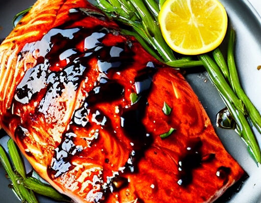 cooked Balsamic Glazed Salmon on a plate with vegetable and a lemon.