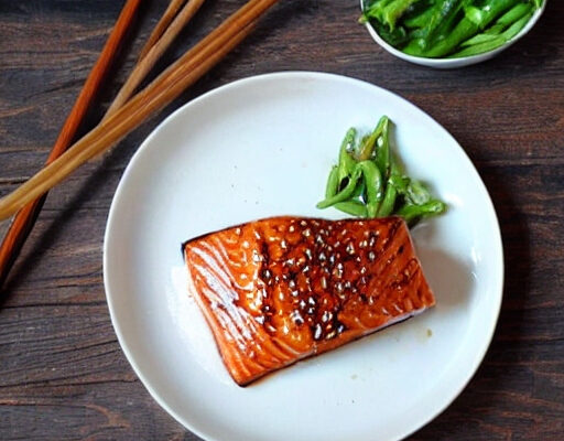 maple soy glazed salmon on a white plate