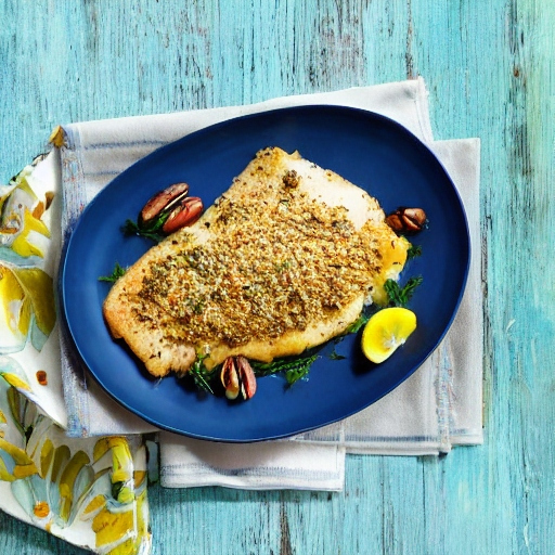 Mustard And Pecan Baked Tilapia on a blue plate.