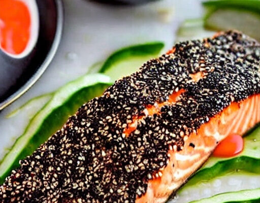 a plate of Sesame Crusted Grilled Salmon With Chili Minted Cucumber