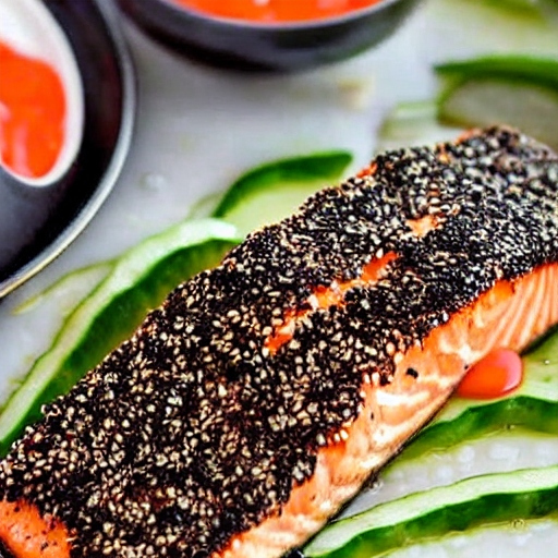 a plate of Sesame Crusted Grilled Salmon With Chili Minted Cucumber